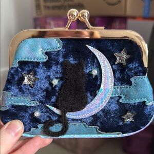 Starry Night Blue Velvet Cat and Moon Clutch